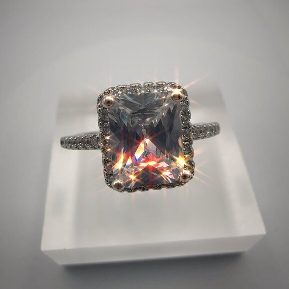 Radiant Cut Cubic Zirconia Halo Engagement Ring - Picture 2 of 9